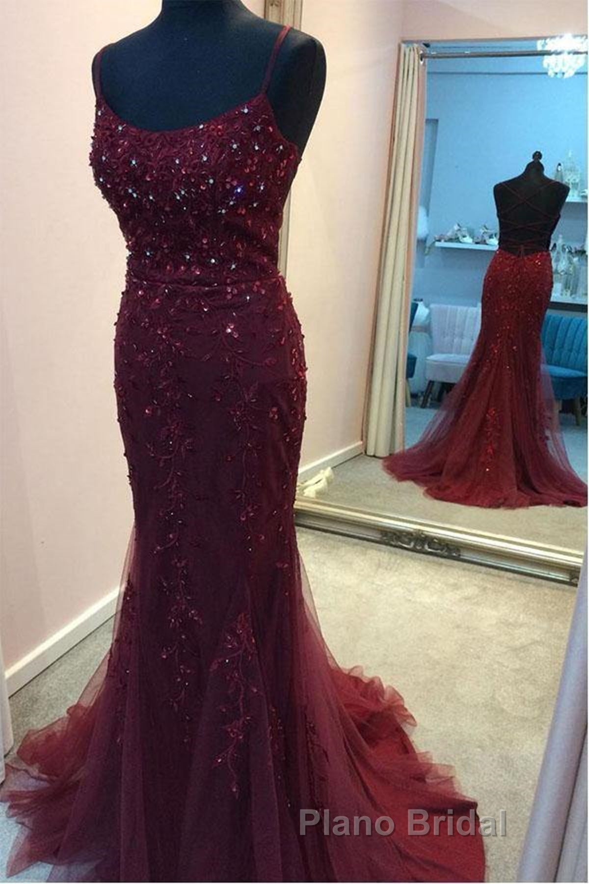 Backless Mermaid Beaded Maroon Lace Long Formal Prom Dresses, Backless Burgundy Lace Formal Dresses, Burgundy Tulle Evening Dresses