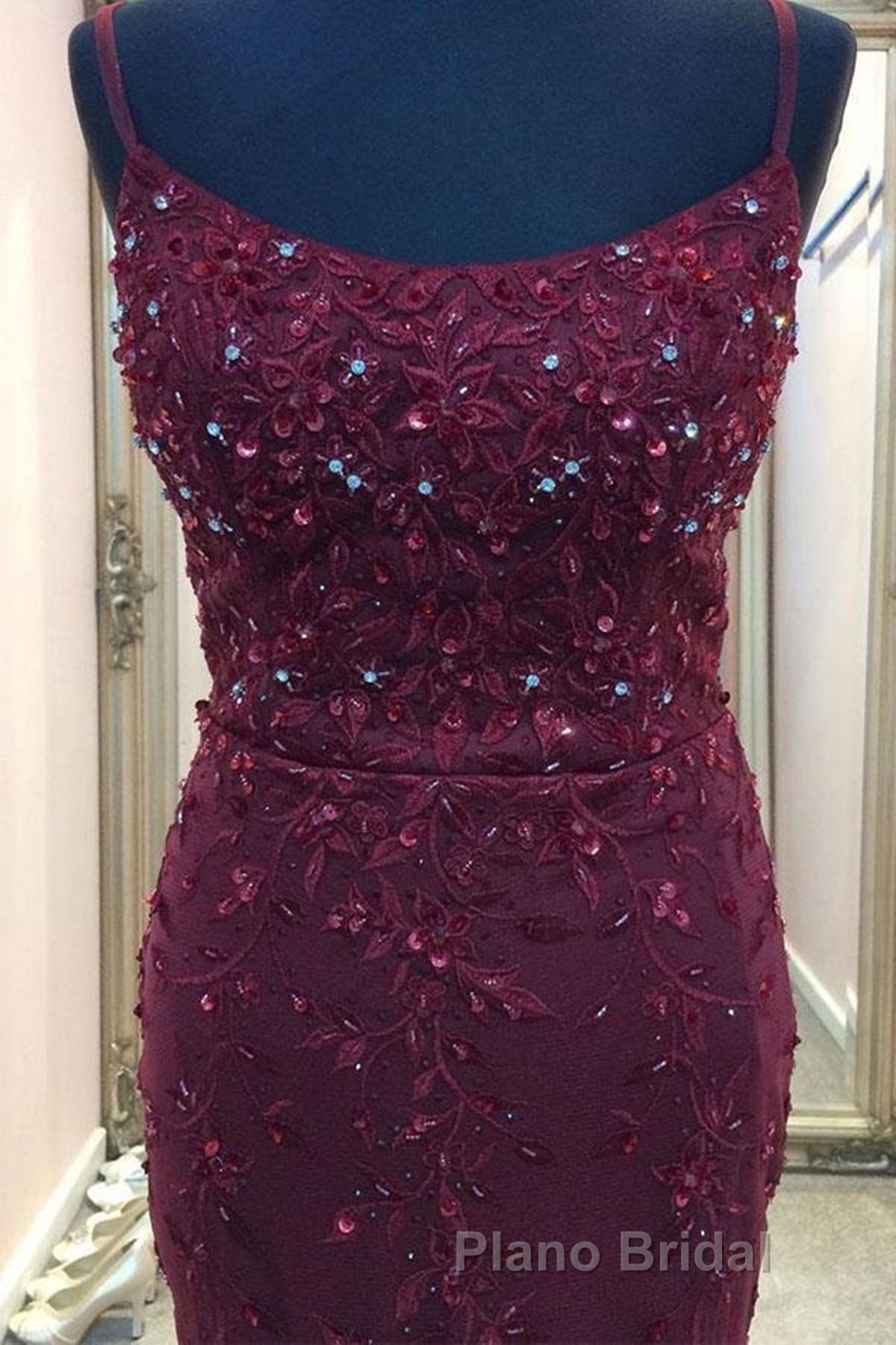 Backless Mermaid Beaded Maroon Lace Long Formal Prom Dresses, Backless Burgundy Lace Formal Dresses, Burgundy Tulle Evening Dresses