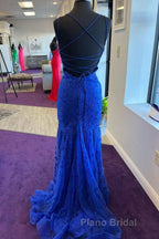 Backless Mermaid Blue Lace Tulle Long Formal Prom Dress, Mermaid Blue Formal Dress, Blue Lace Evening Dress