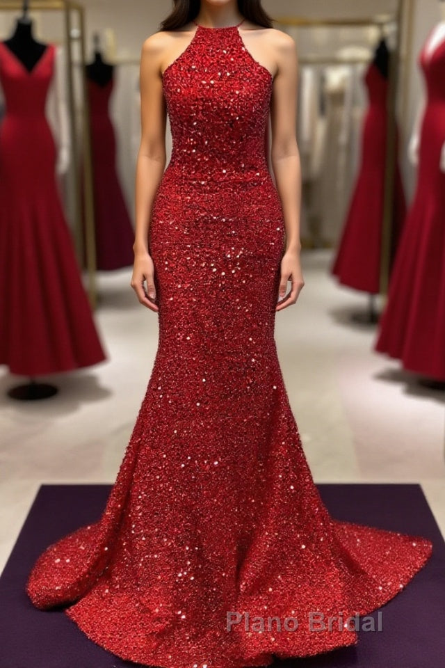 Backless Mermaid Burgundy Sequins Long Formal Prom Dress, Mermaid Burgundy Formal Dress, Burgundy Evening Dress Main image