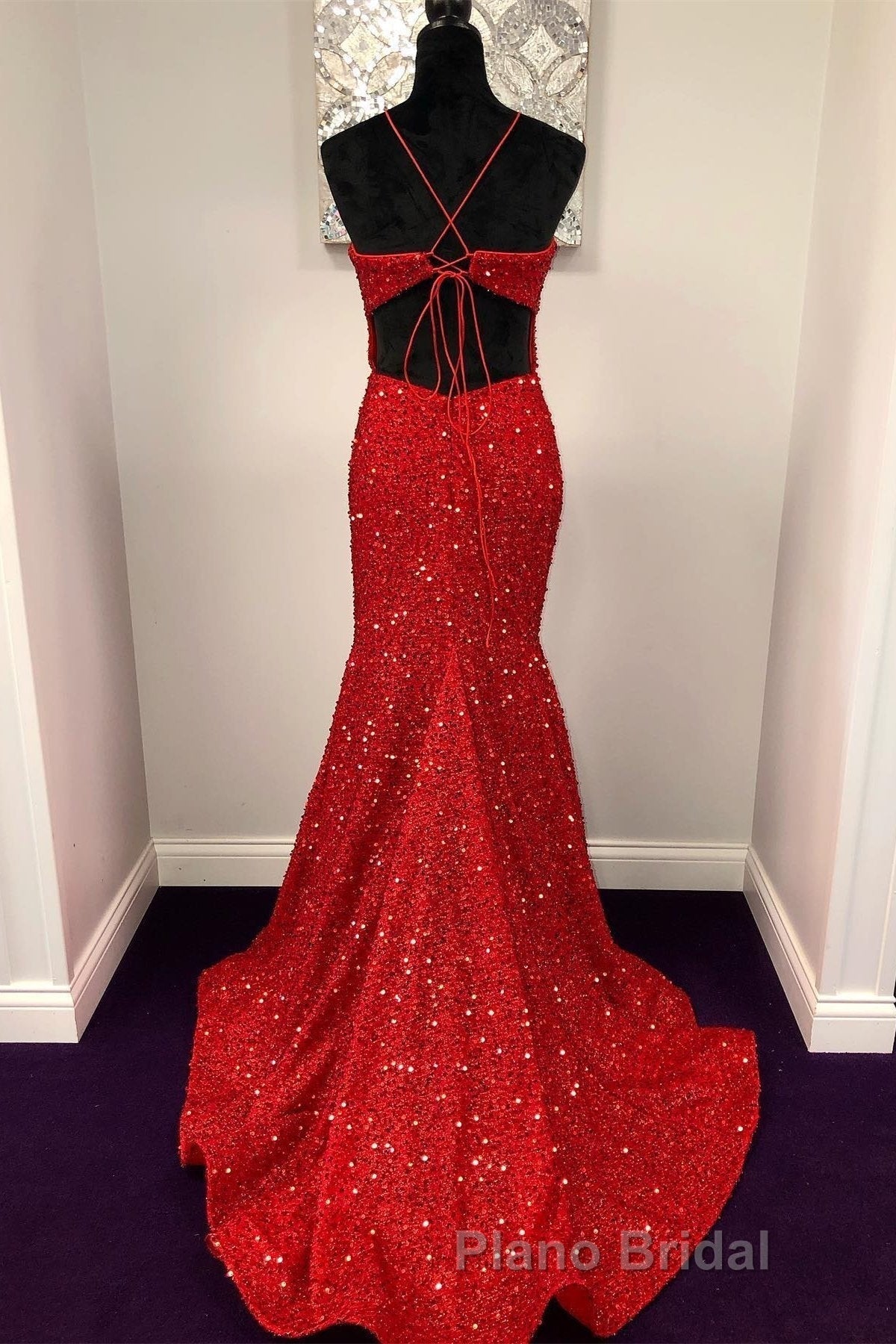 Backless Mermaid Burgundy Sequins Long Formal Prom Dress, Mermaid Burgundy Formal Dress, Burgundy Evening Dress Secondary image