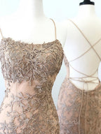 Backless Mermaid Champagne Lace Formal Prom Dresses, Champagne Backless Mermaid Lace Formal Dresses