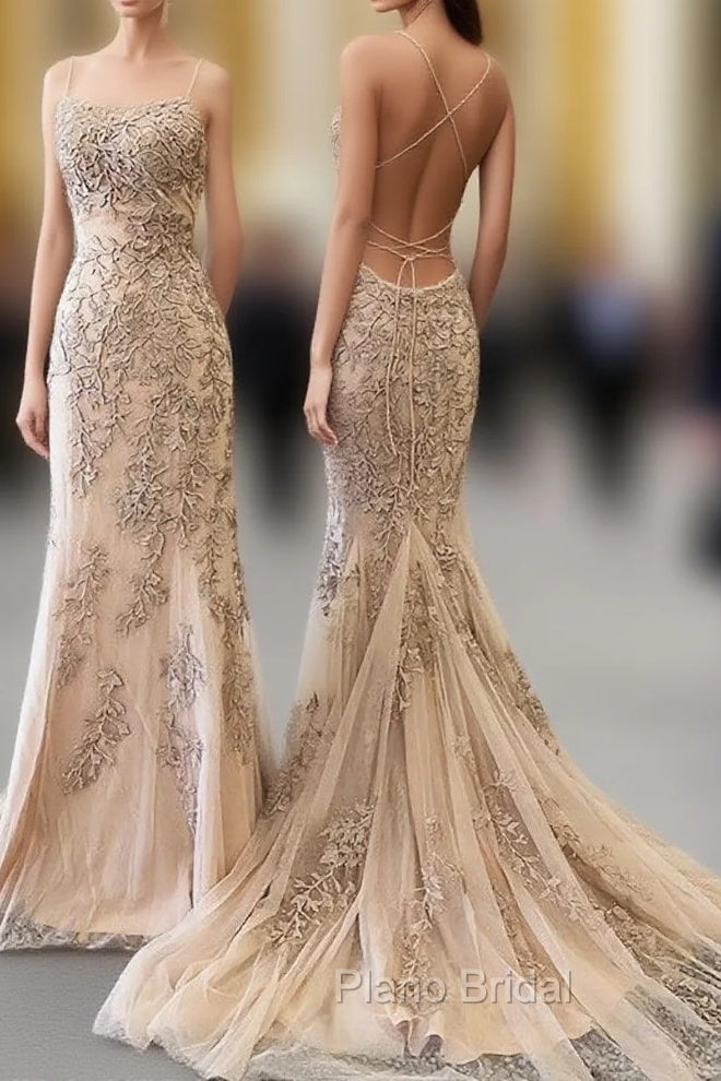 Backless Mermaid Champagne Lace Formal Prom Dresses, Champagne Backless Mermaid Lace Formal Dresses Main image