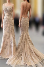 Backless Mermaid Champagne Lace Formal Prom Dresses, Champagne Backless Mermaid Lace Formal Dresses