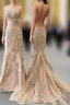 Backless Mermaid Champagne Lace Formal Prom Dresses, Champagne Backless Mermaid Lace Formal Dresses