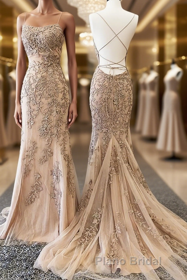 Backless Mermaid Champagne Lace Formal Prom Dresses, Champagne Backless Mermaid Lace Formal Evening Dresses
