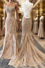 Backless Mermaid Champagne Lace Formal Prom Dresses, Champagne Backless Mermaid Lace Formal Evening Dresses