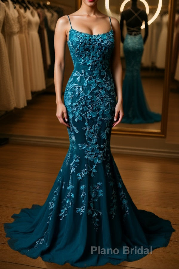 Backless Mermaid Dark Teal Lace Long Formal Prom Dress, Mermaid Teal Lace Long Formal Evening Dress Main image