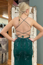 Backless Mermaid Green Lace Long Formal Prom Dresses Green Lace Formal Dresses