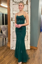 Backless Mermaid Green Lace Long Formal Prom Dresses Green Lace Formal Dresses