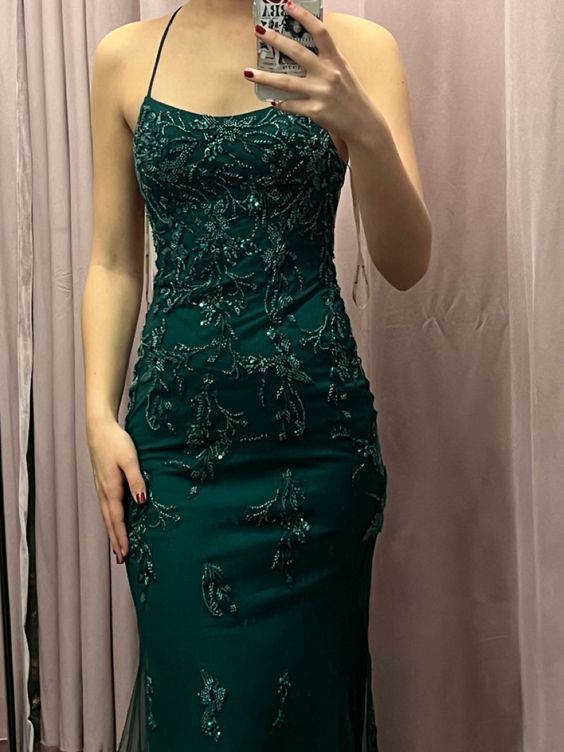 Backless Mermaid Green Lace Long Formal Prom Dresses Green Lace Formal Dresses Main image