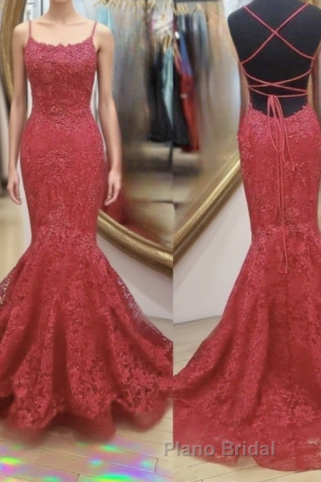Backless Mermaid Red Lace Long Formal Prom Dress, Mermaid Red Lace Formal Dress, Red Lace Evening Dress Main image