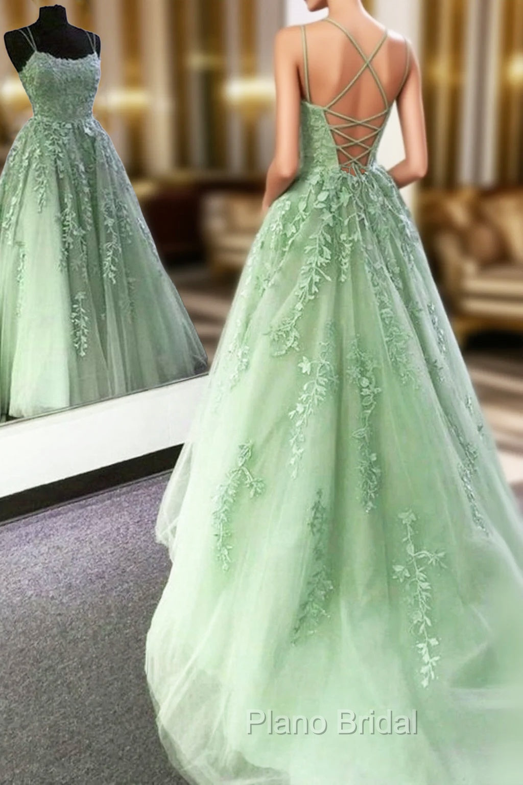 Backless Mint Green Lace Formal Prom Dresses, Mint Green Open Back Lace Formal Evening Dresses Main image