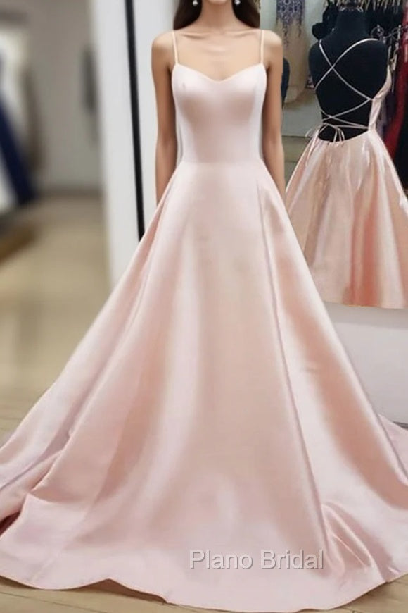 Backless Pink Satin Long Formal Prom Dresses, Open Back Pink Satin Formal Graduation Dresses Main image