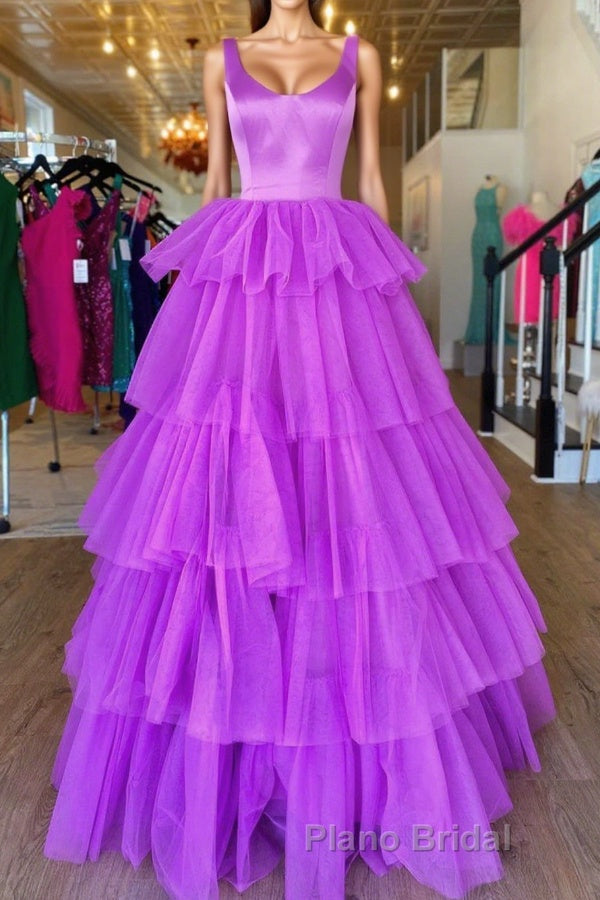 Backless Purple High Low Formal Prom Dresses, Open Back Purple High Low Formal Evening Dresses Main image