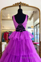 Backless Purple High Low Formal Prom Dresses, Open Back Purple High Low Formal Evening Dresses