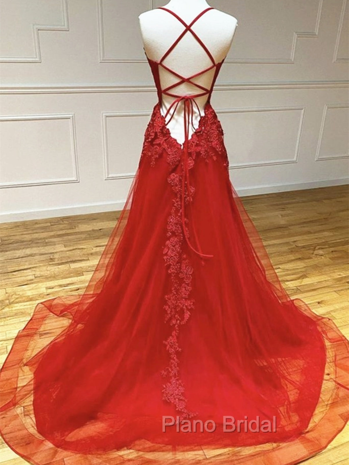 Backless Red Lace Formal Prom Dresses, Open Back Red Lace Formal Evening Dresses Secondary image