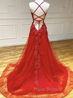 Backless Red Lace Formal Prom Dresses, Open Back Red Lace Formal Evening Dresses