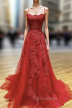 Backless Red Lace Formal Prom Dresses, Open Back Red Lace Formal Evening Dresses