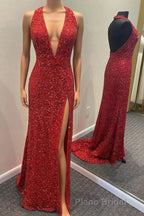 Backless Royal Blue Sequin Formal Prom Gown with Slit,Prom Dresses with Sequins