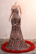 Backless Sequins Mermaid Formal Prom Dresses Burgundy Party Evening Dresses with Feather Chapel Train