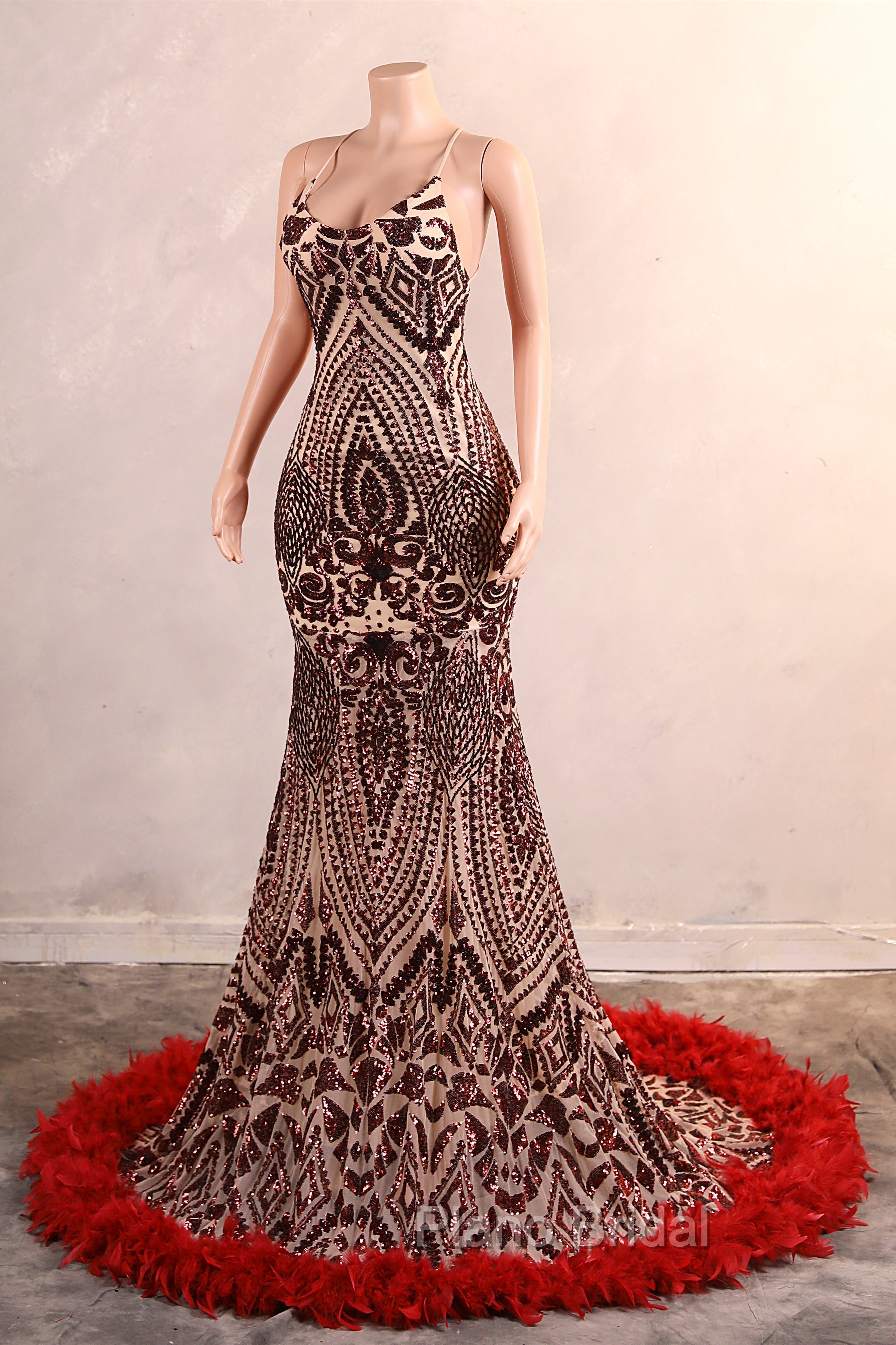 Backless Sequins Mermaid Formal Prom Dresses Burgundy Party Evening Dresses with Feather Chapel Train