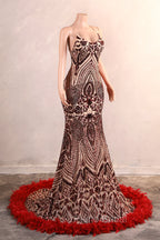 Backless Sequins Mermaid Formal Prom Dresses Burgundy Party Evening Dresses with Feather Chapel Train