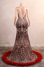 Backless Sequins Mermaid Formal Prom Dresses Burgundy Party Evening Dresses with Feather Chapel Train