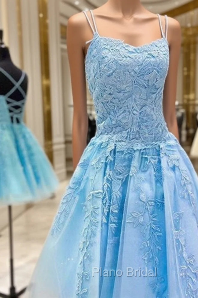 Backless Short Blue Lace Formal Prom Dresses, Open Back Short Blue Lace Formal Graduation Dresses Main image