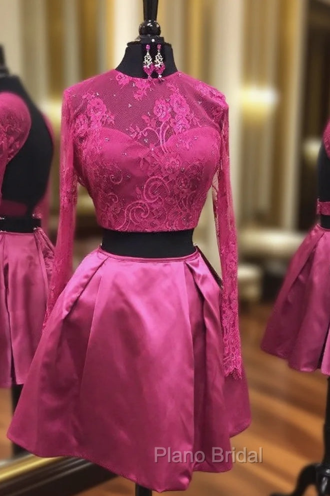 Backless Two Piece Homecoming Dresses Beaded Fuchsia Lace Long Sleeves Main image