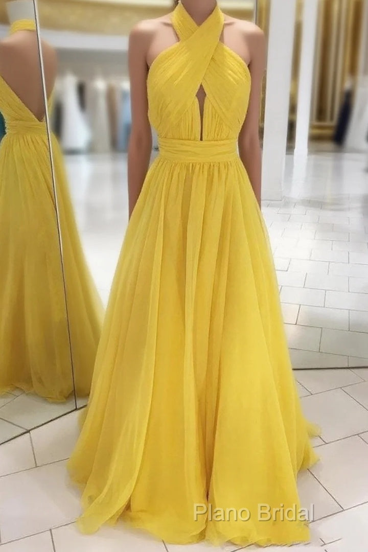 Backless Yellow Chiffon Long Formal Prom Dresses, Open Back Yellow Formal Bridesmaid Dresses Main image