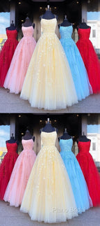 Backless Yellow Pink Blue Red Burgundy Lace Formal Prom Dresses, Backless Lace Formal Bridesmaid Dresses