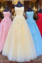 Backless Yellow Pink Blue Red Burgundy Lace Formal Prom Dresses, Backless Lace Formal Bridesmaid Dresses