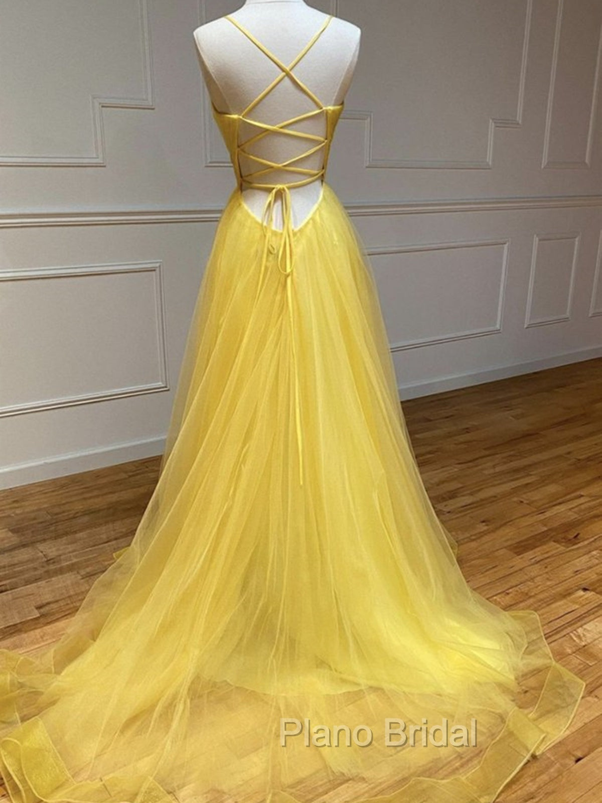 Backless Yellow Tulle Long Formal Evening Dresses, Open Back Yellow Tulle Long Formal Prom Dresses Secondary image