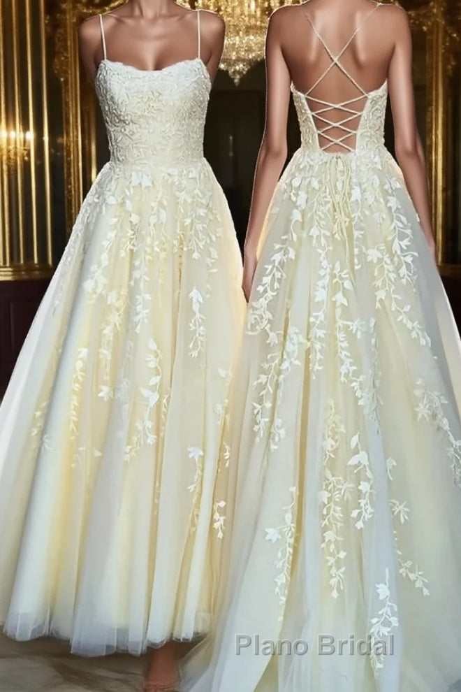 Backless Yellow Tulle Long Lace Formal Prom Dresses, Open Back Yellow Lace Formal Evening Dresses Main image