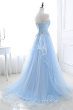 Light Blue Beaded Long Formal Prom Dresses