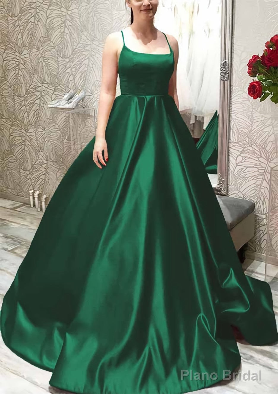 Ball Gown A-line Square Neckline Spaghetti Straps Sweep Train Satin Prom Dresses With Pleated Pockets