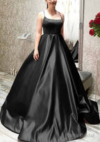 Ball Gown A-line Square Neckline Spaghetti Straps Sweep Train Satin Prom Dresses With Pleated Pockets