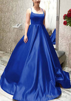 Ball Gown A-line Square Neckline Spaghetti Straps Sweep Train Satin Prom Dresses With Pleated Pockets
