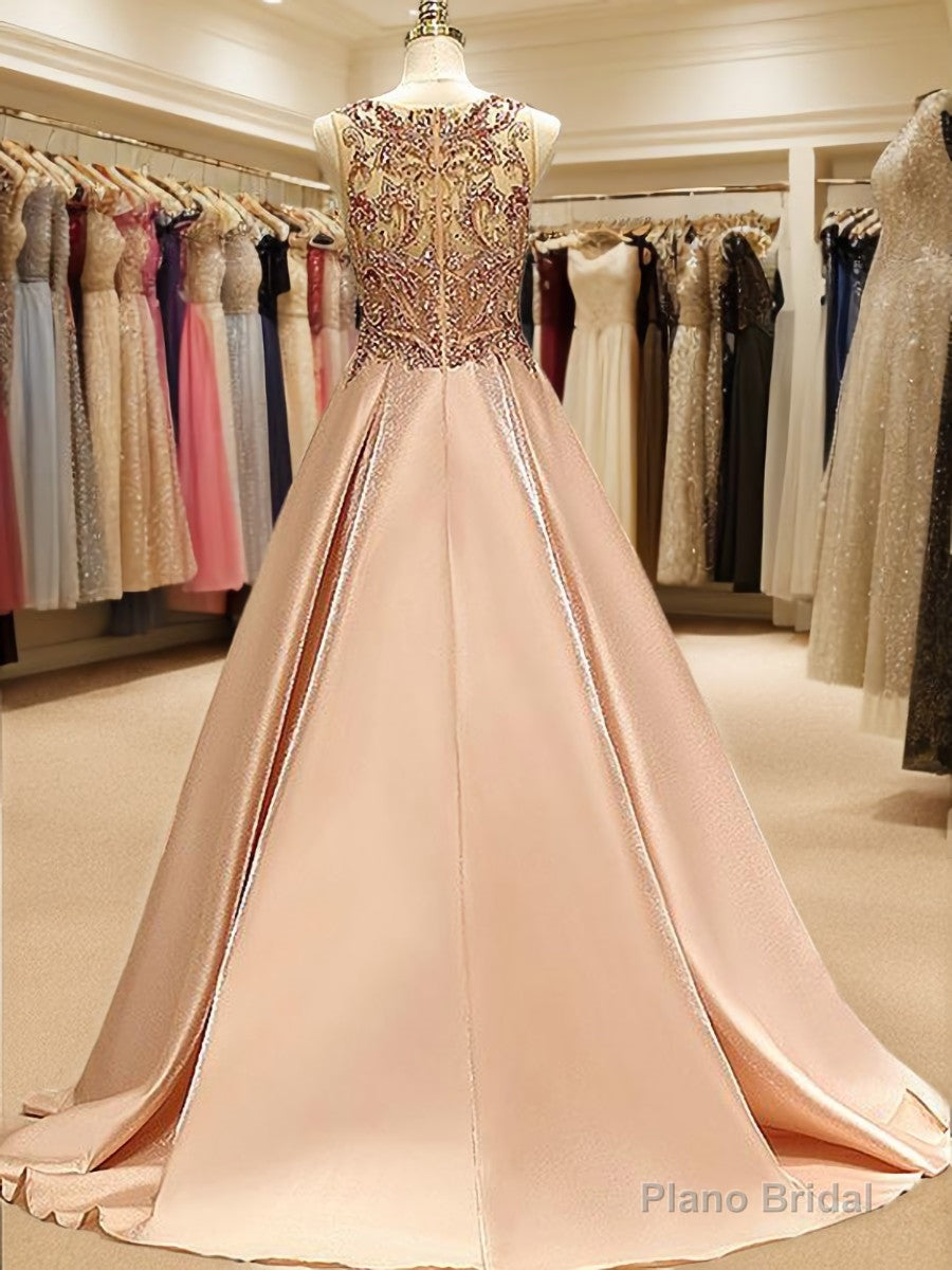 Ball-Gown Bateau Beading Sweep Train Satin Dress Secondary image