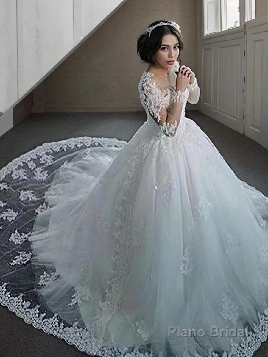 Ball Gown Bateau Court Train Tulle Wedding Dresses With Appliques Lace Secondary image