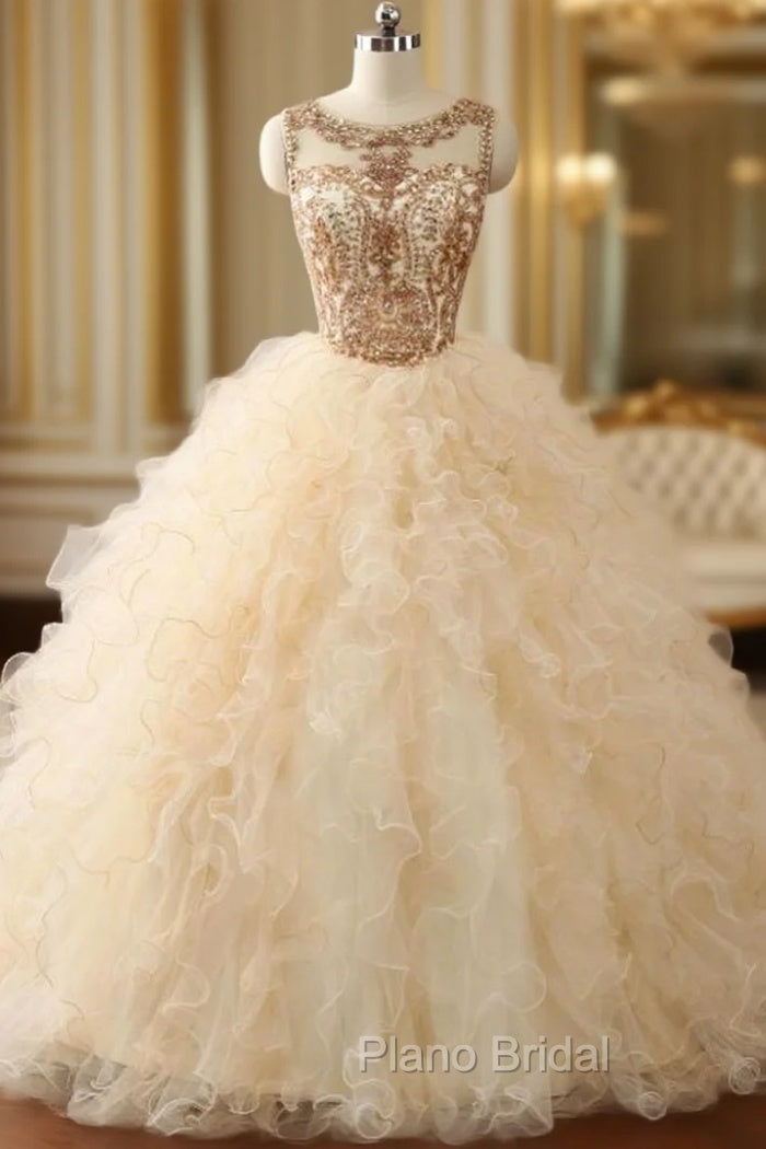 Ball Gown Beaded Long Sweet Years Party Gowns Ruffles Tulle Formal Prom Dresses