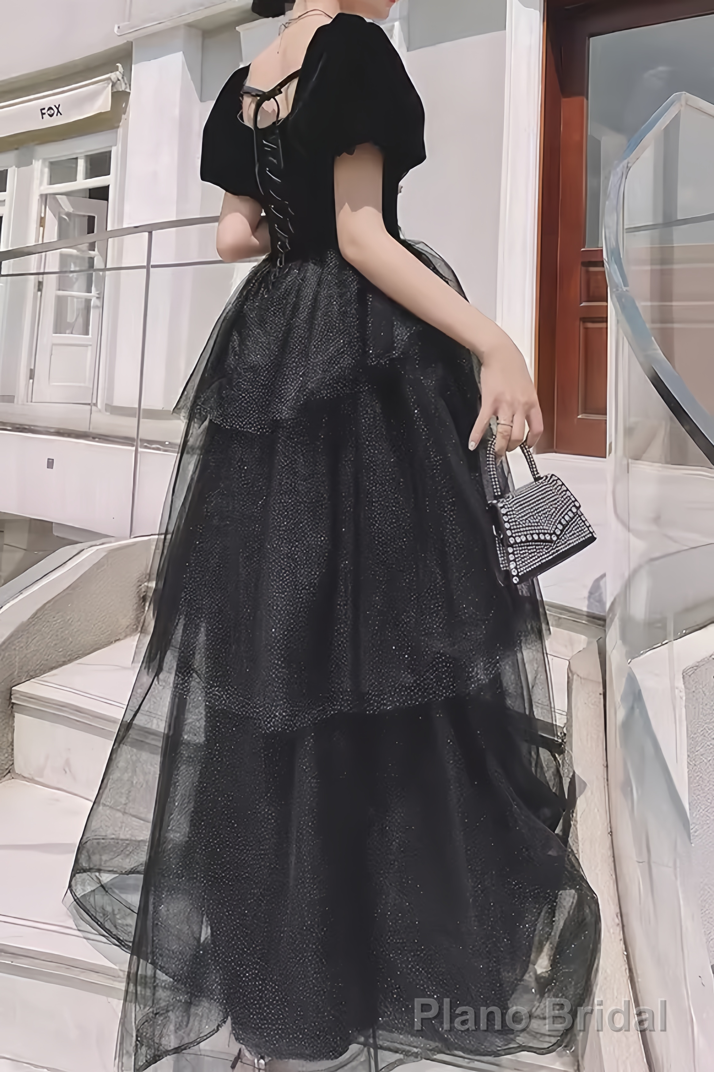Ball Gown Black Prom Dress With Puffy Sleeves Long Prom Dresses