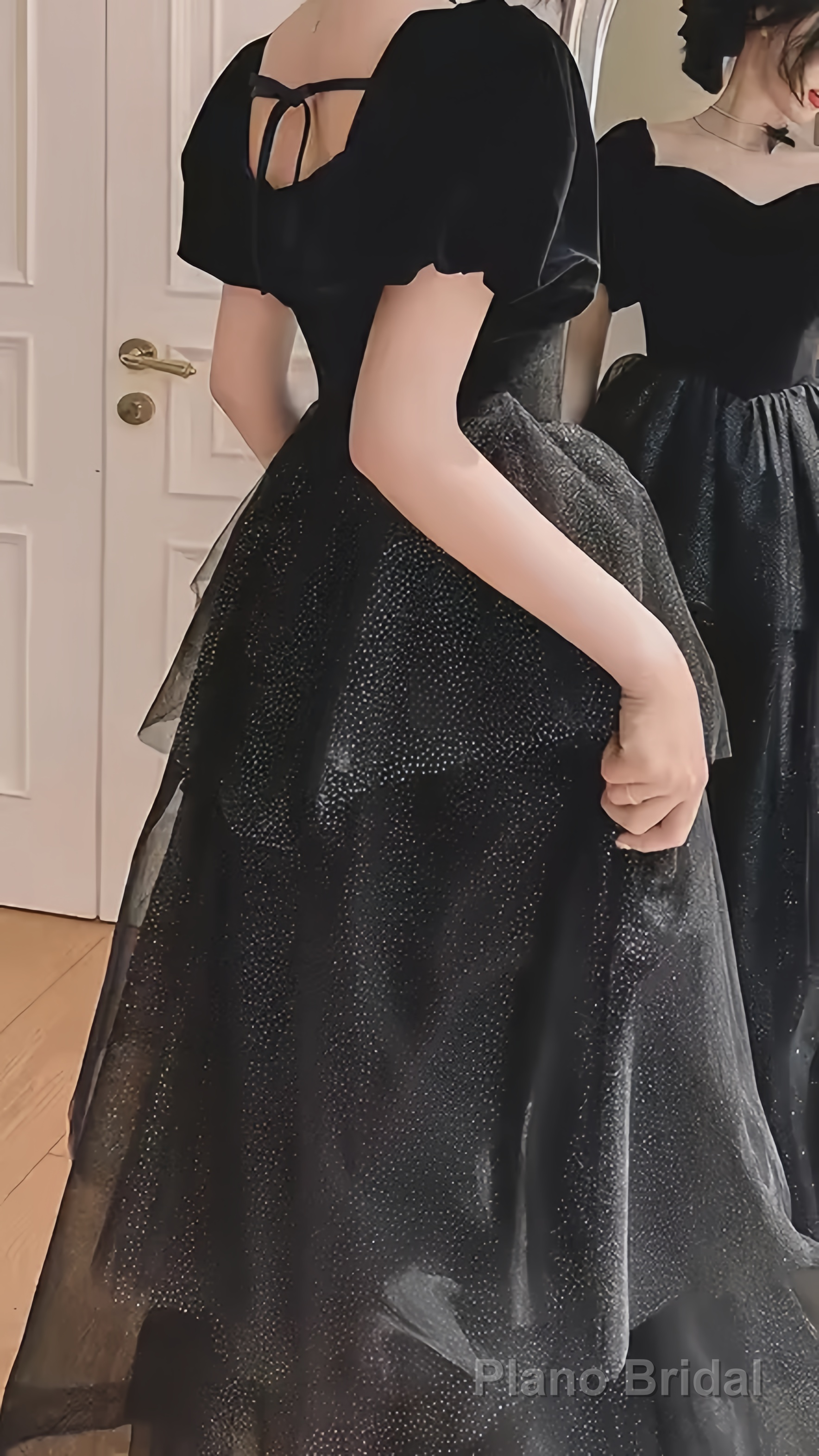 Ball Gown Black Prom Dress With Puffy Sleeves Long Prom Dresses