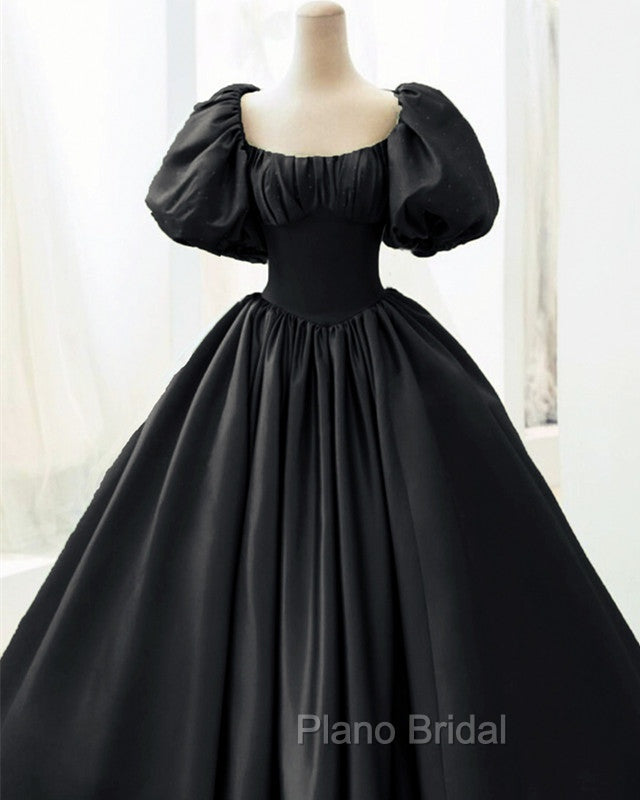 Ball Gown Black Satin Wedding Dresses Puffy Sleeves Secondary image
