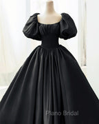 Ball Gown Black Satin Wedding Dresses Puffy Sleeves