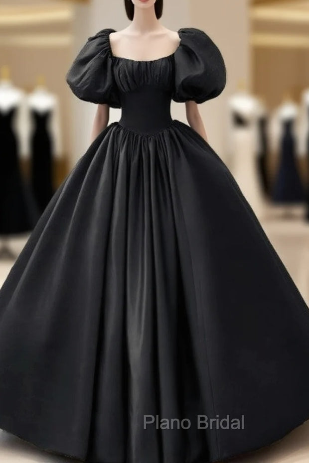 Ball Gown Black Satin Wedding Dresses Puffy Sleeves