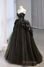 Ball Gown Black Sweetheart Neck Satin Tulle Long Formal Prom Dresses