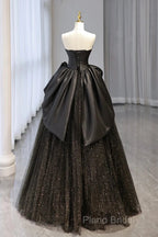 Ball Gown Black Sweetheart Neck Satin Tulle Long Formal Prom Dresses