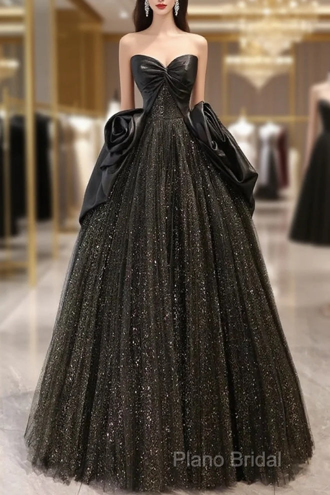 Ball Gown Black Sweetheart Neck Satin Tulle Long Formal Prom Dresses Main image
